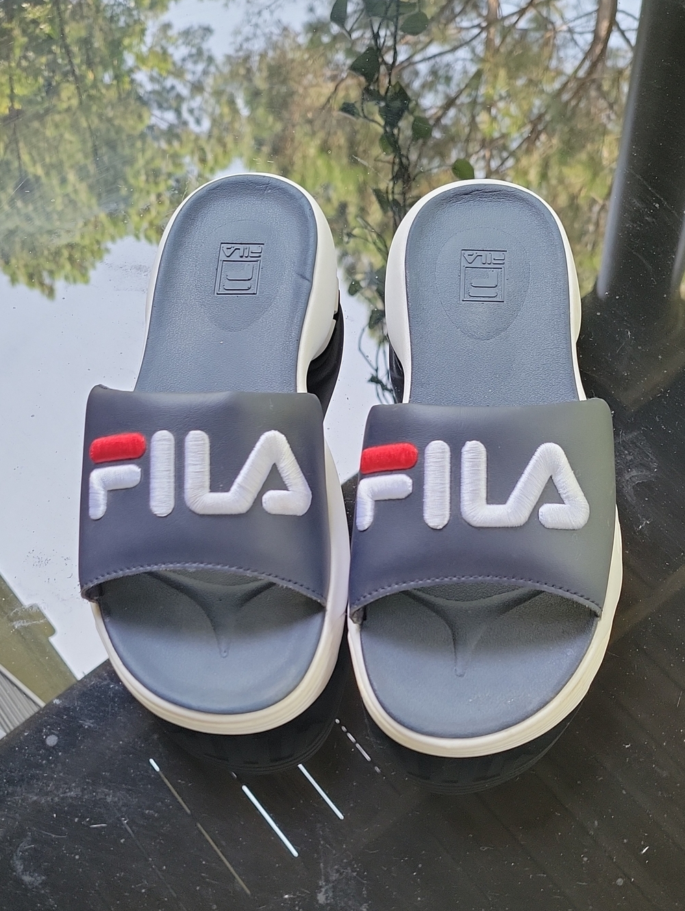 Fila Navy and White Slide Sandals with Red Accent